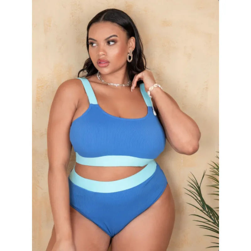 Women's high-waist bikini set in pure colour with split styling and stitching detail