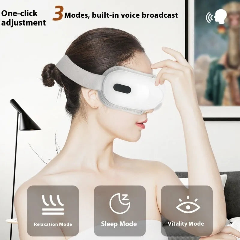 White rechargeable eye massager with hot compress function showing dimensions and ABS plastic construction