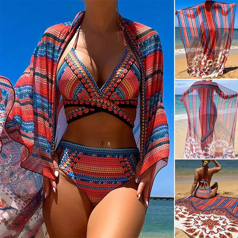 Women's three-piece swimsuit set showing cutout sleeveless blouse, high-waisted briefs, and matching swim coat