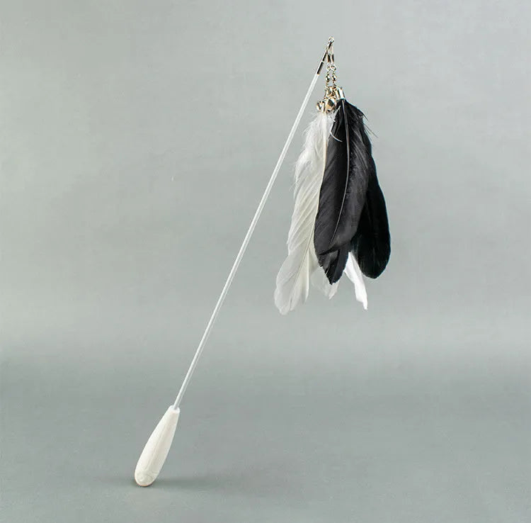 Telescopic cat fishing rod toy with goose feather teaser and bell, shown extended and collapsed.