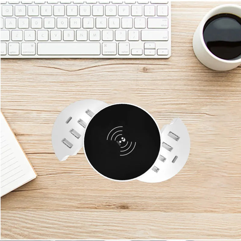 Ceramic white circular wireless charger with multiple ports and international adapters for smartphone charging