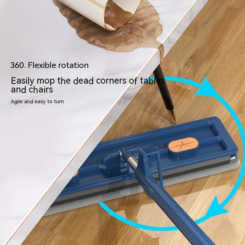 Large flat mop with long stainless steel handle and blue fine fibre cloth on hard floor