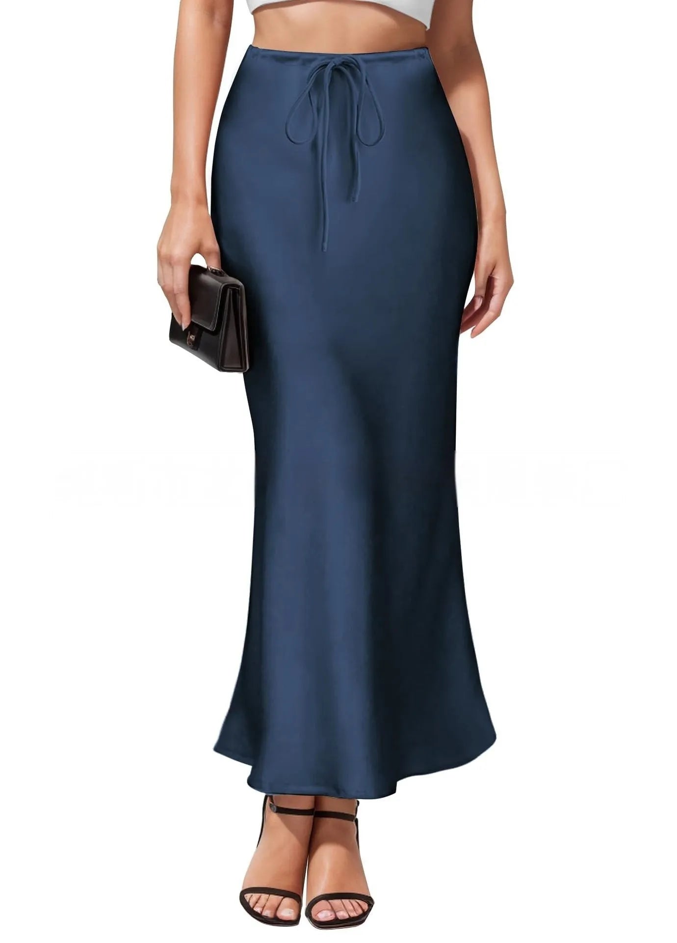 Asymmetric acetate satin skirt with irregular stitching detail in high waist design