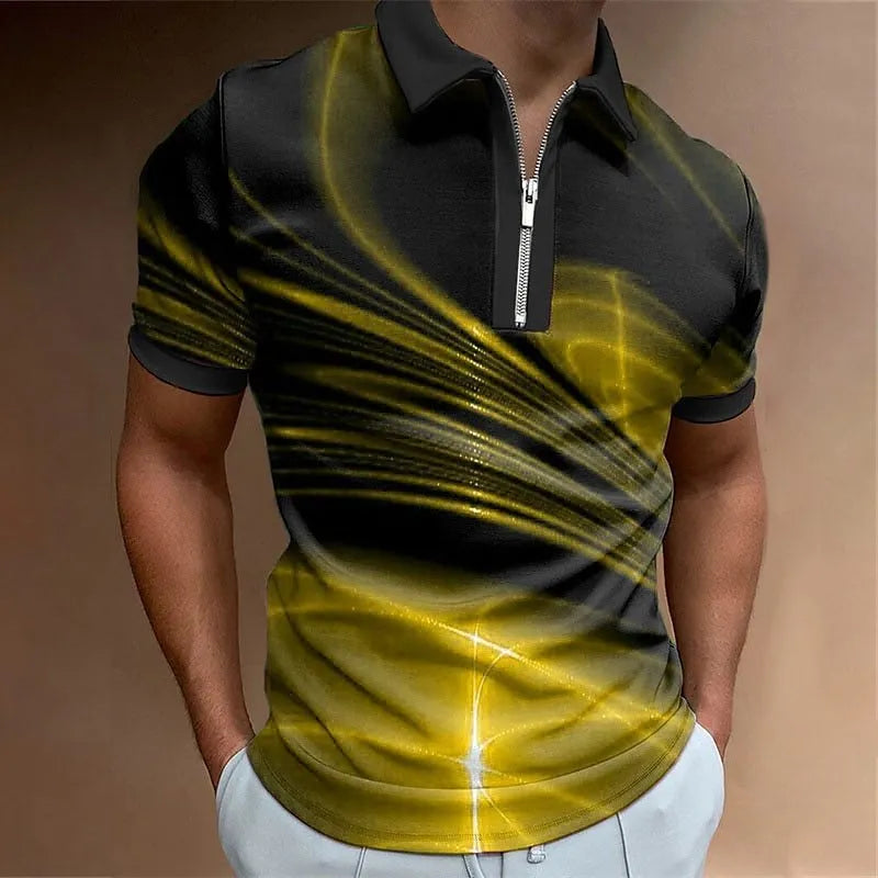 Man wearing a blue short sleeve zip-up polo shirt with a lapel collar, made from lightweight bird eye cloth.