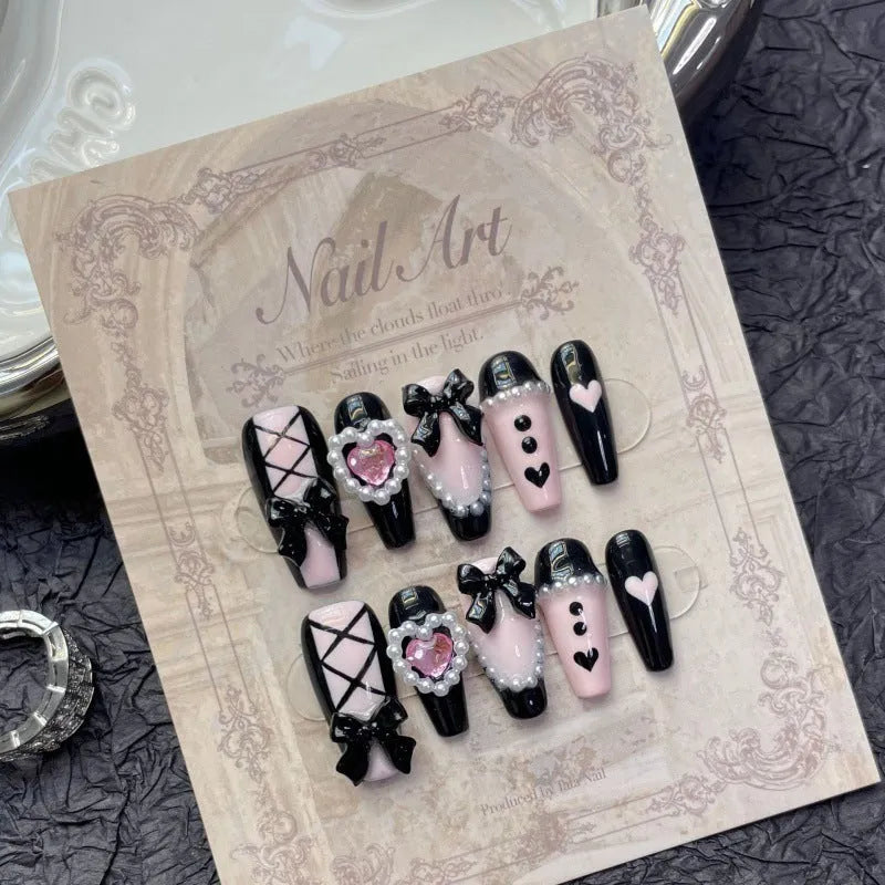 Handmade black and pink peach heart detachable manicure set with plastic storage case in four sizes
