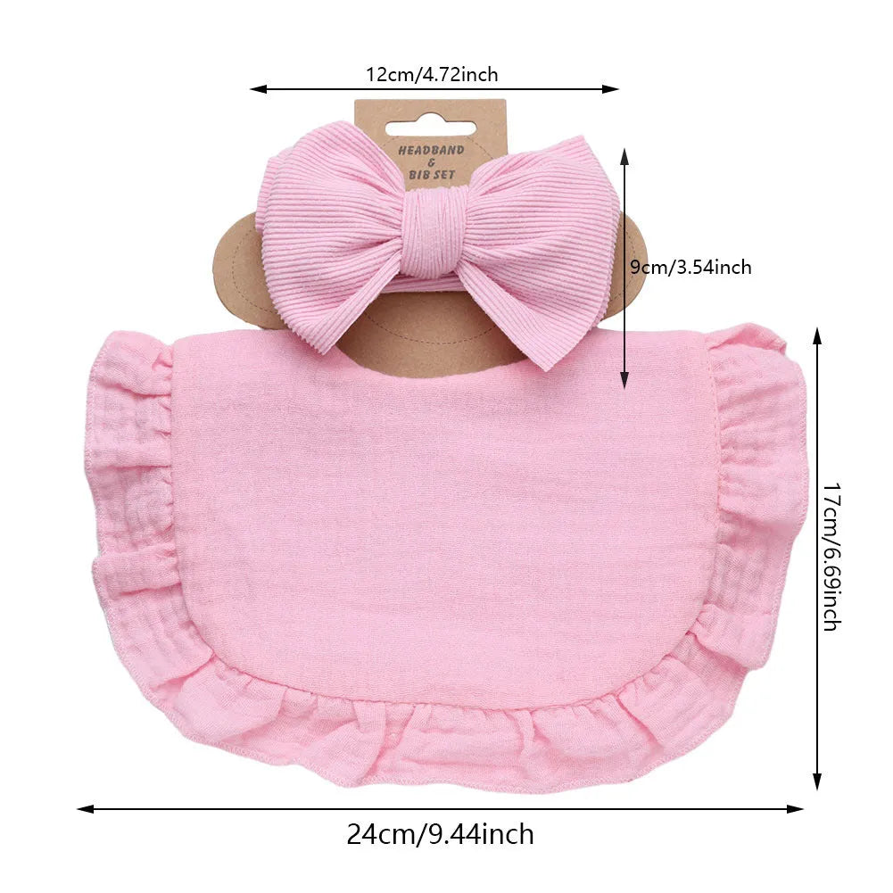 Pure cotton baby bib and headband set in solid colour for girls, absorbent and machine washable
