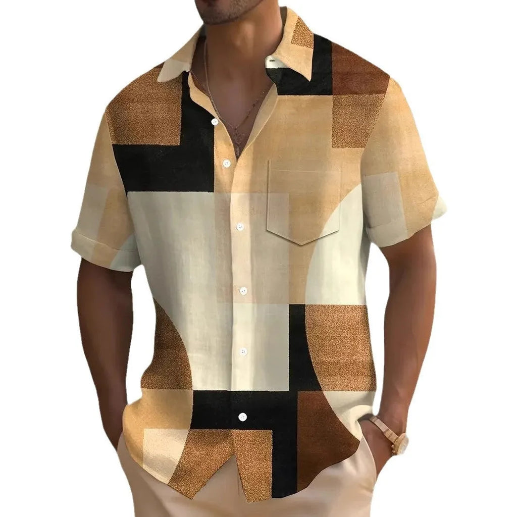 Man wearing a loose-fit cardigan shirt with a retro geometric square print in contrasting colours.