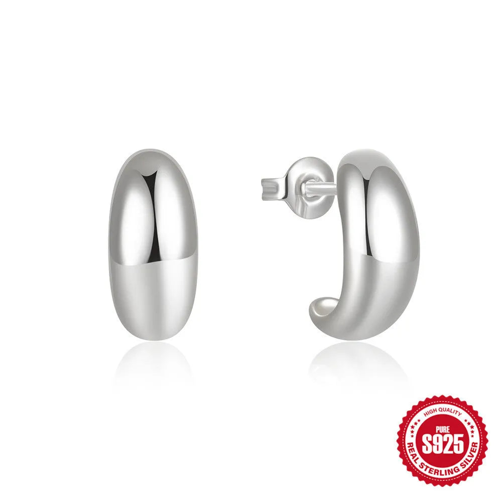 C-shaped sterling silver stud earrings with electroplated gold or silver glossy finishes