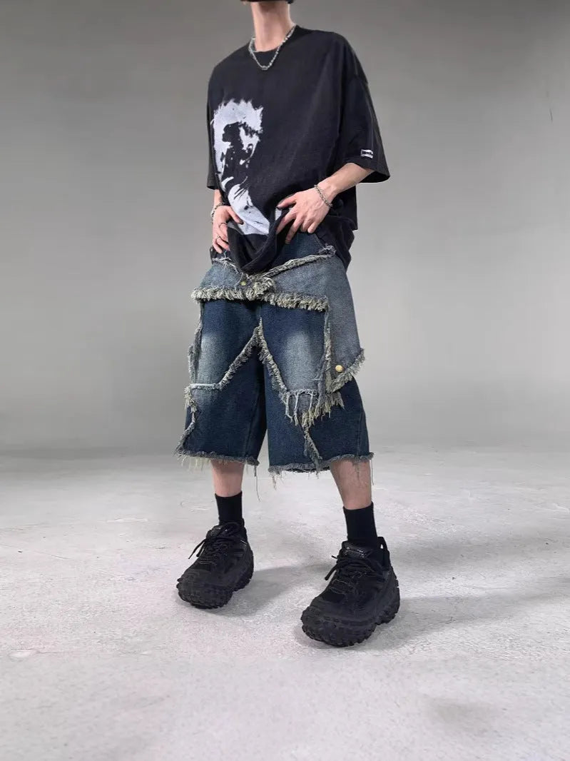 Blue retro denim shorts with frayed edges and five-pointed star decoration, loose fit style