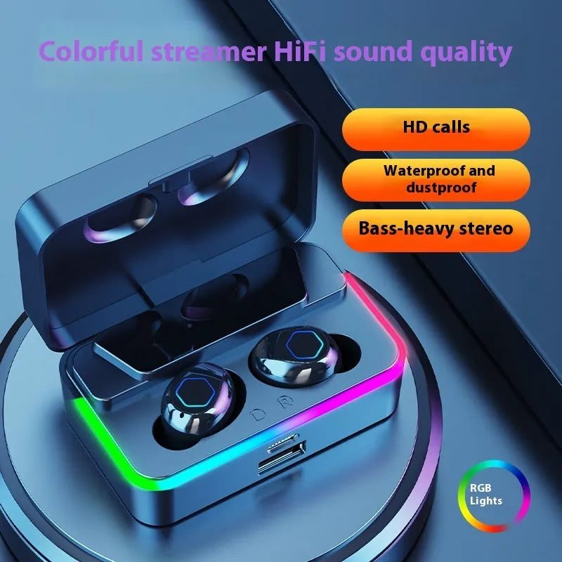 M49PRO in-ear Bluetooth headset in black with mirror digital display and breathing light