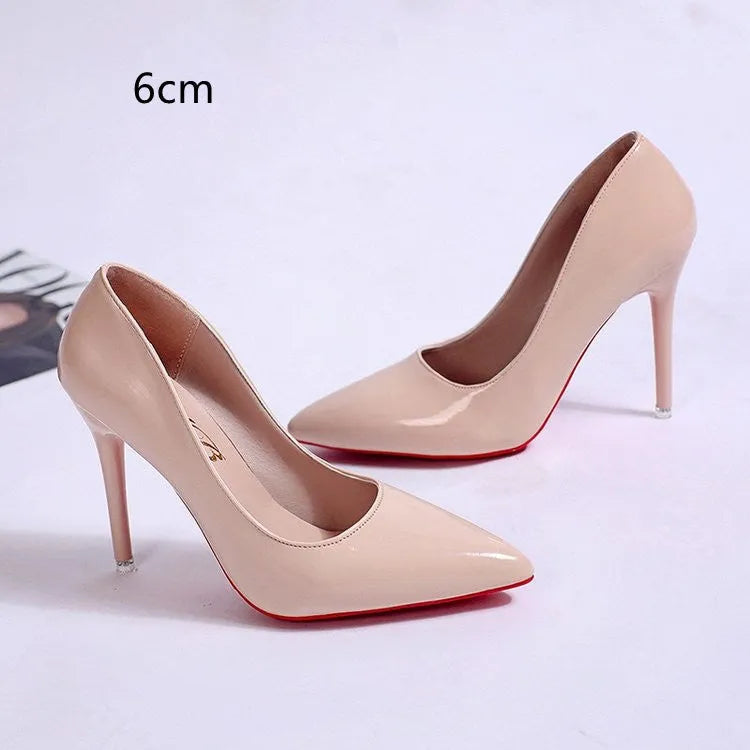 Women's solid colour stiletto heel court shoes with pointed toe and shallow cut design.