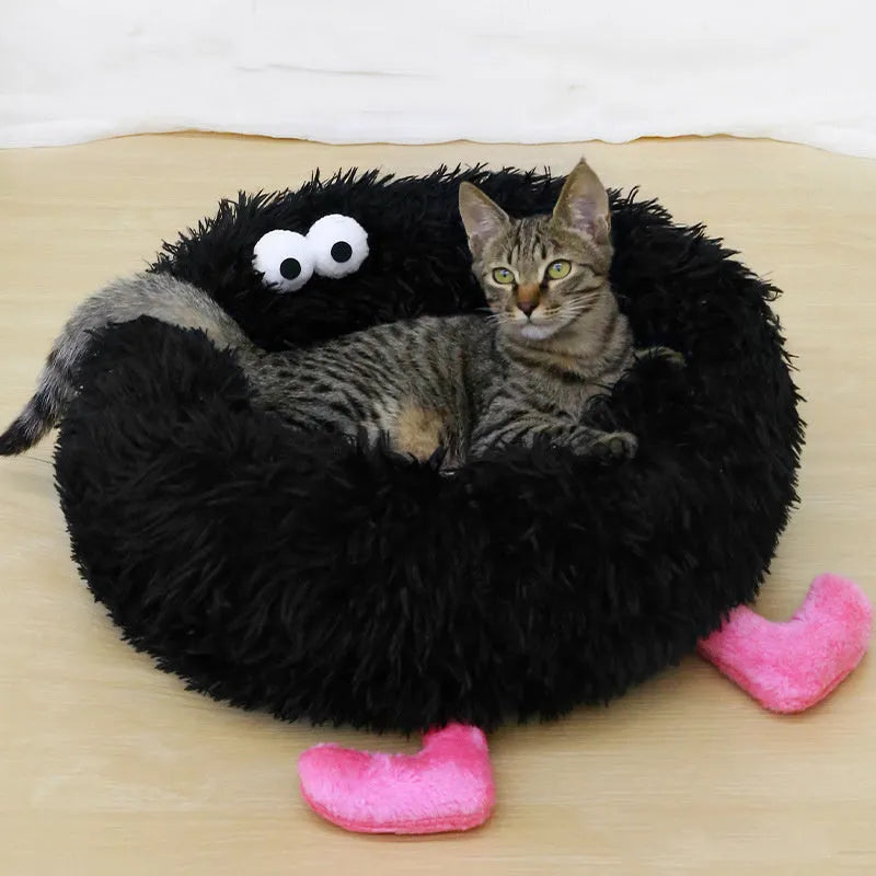 Long plush pet nest bed for small medium dogs in black, pink, or yellow with raised rim and three size options