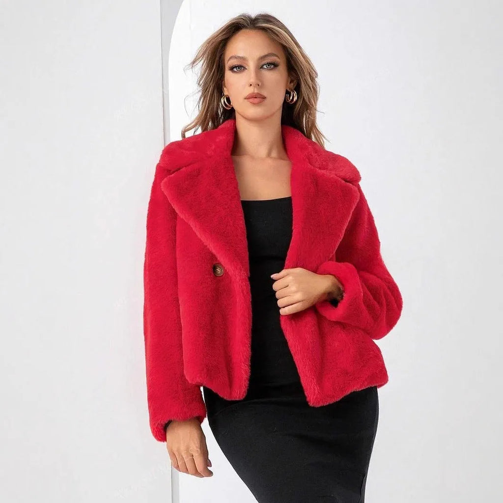 Women's loose-fit faux fur coat in rose red, shown with regular sleeves and a 50cm length.