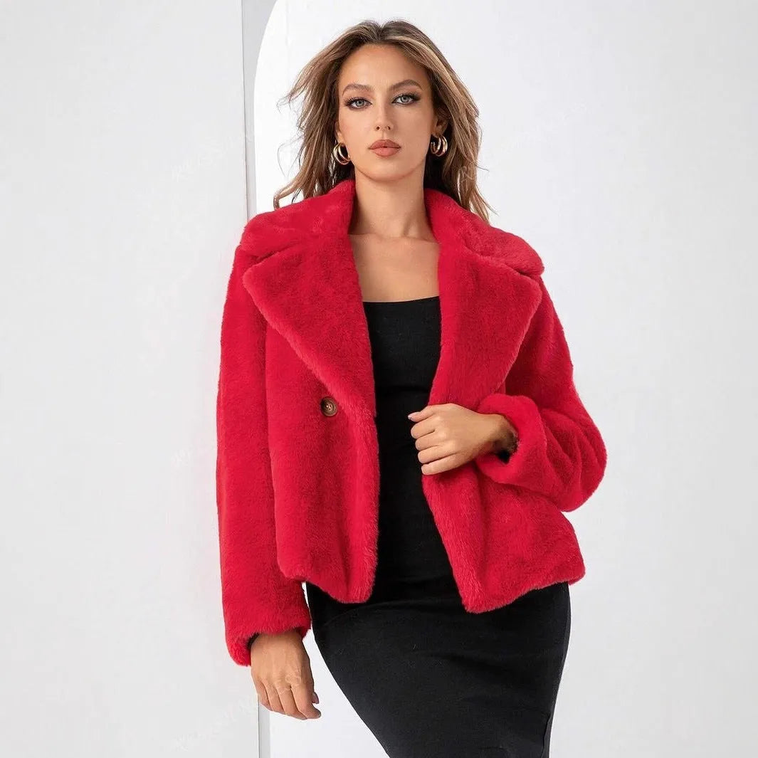 Women's loose-fit faux fur coat in rose red, shown with regular sleeves and a 50cm length.